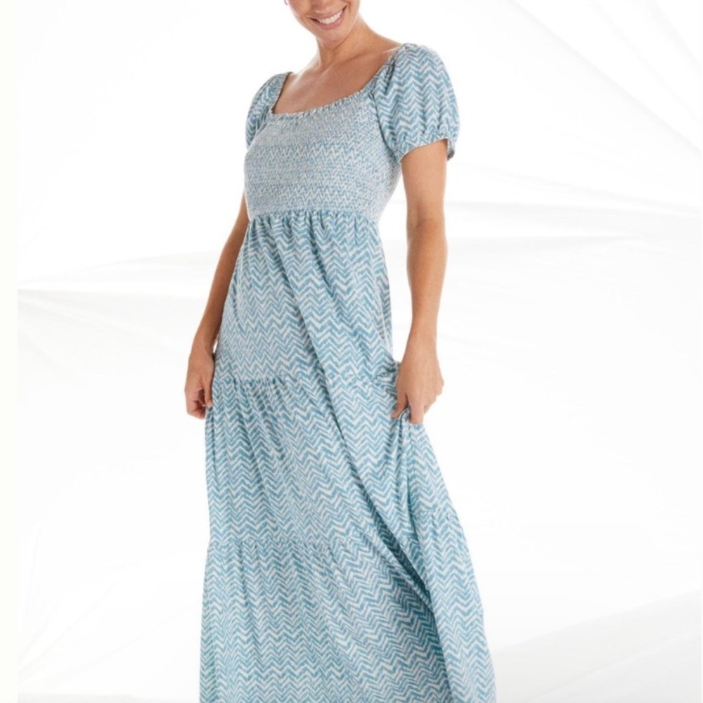 Anthropologie Daily Practice Blue & White Tiered Maxi Dress Size Small